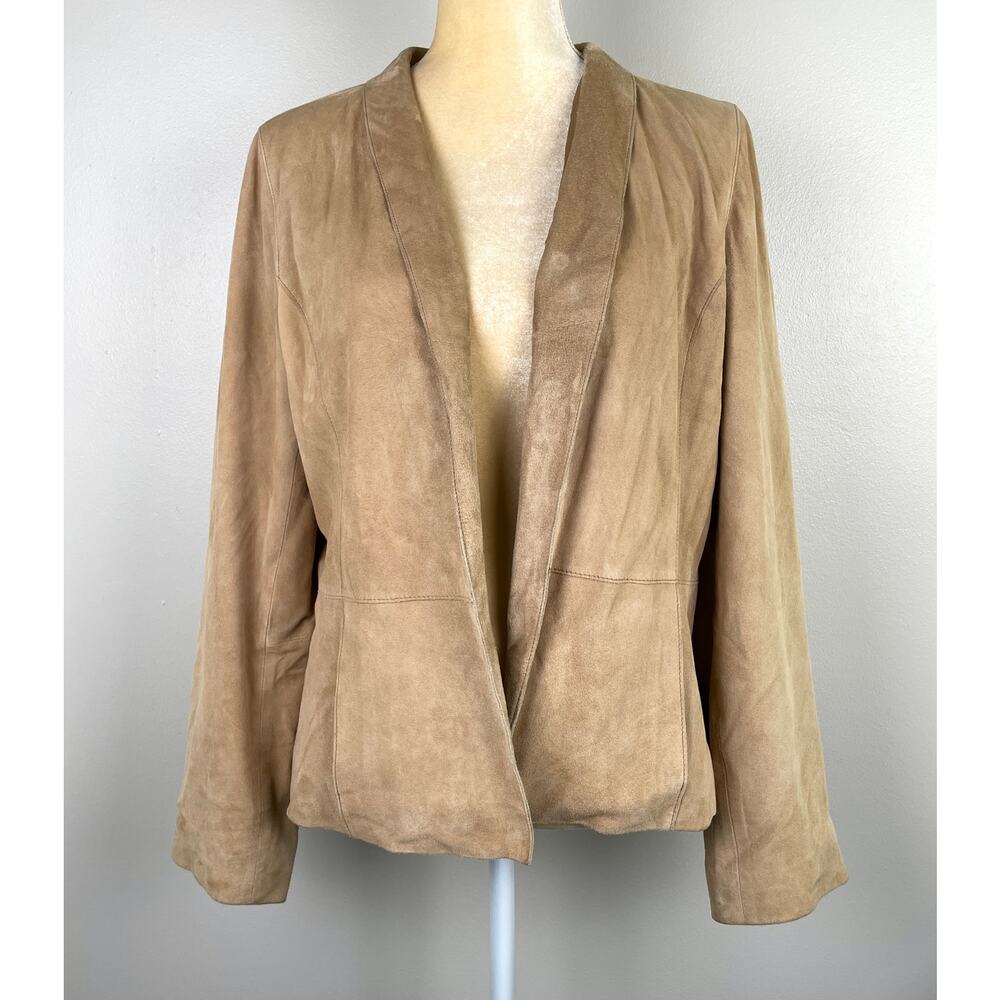 Eileen Fisher Goat Suede Open Front Cardigan Jacket Tan Medium Country Western